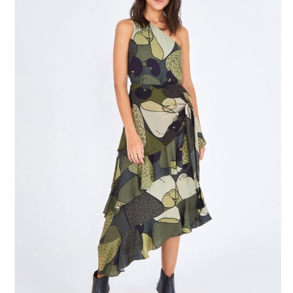Farm Rio Anthro Women’s Green Military Cashew One Shoulder Midi Scarf Dress XS